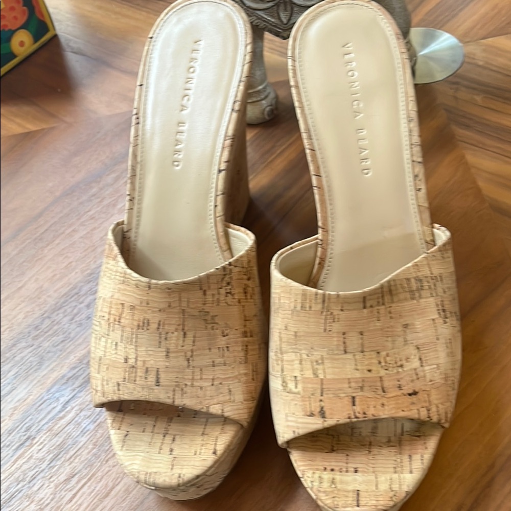 Veronica Beard Tan Mules with Cork Detailing, Size 11